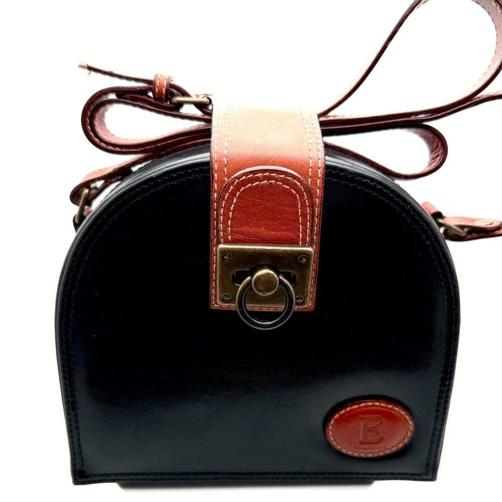 Vintage Elka Collection Black Leather Hardshell Crossbody Bag — Saddle Shape